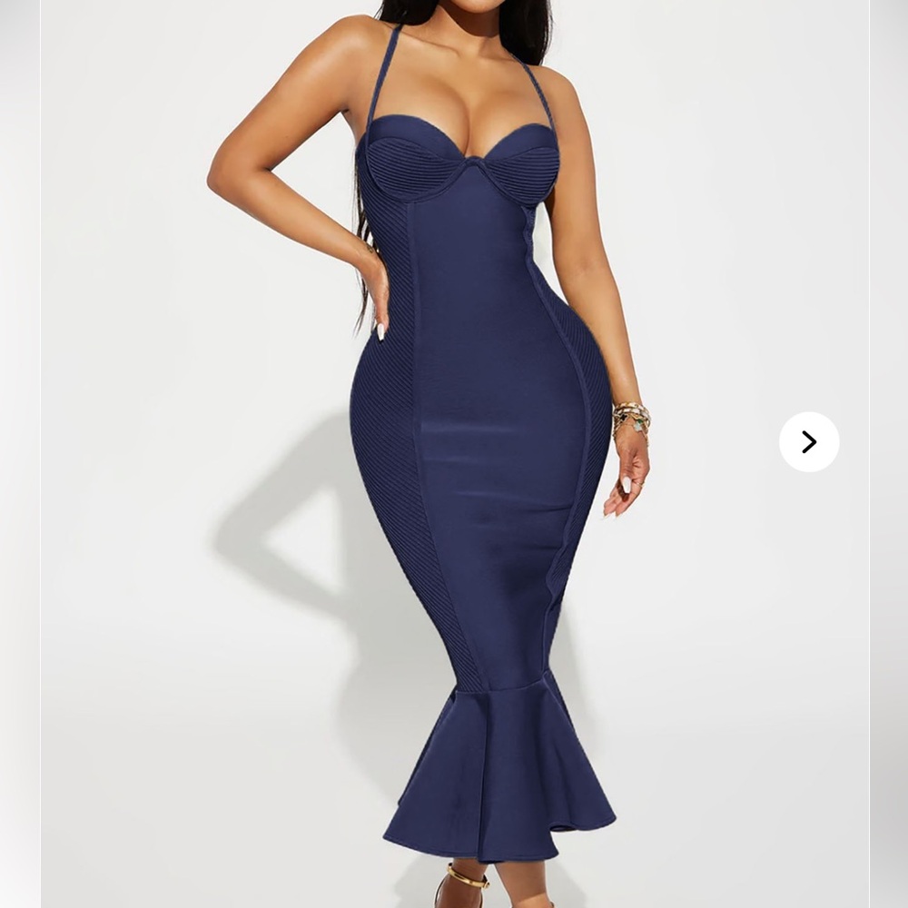 Elegant Navy Blue Mermaid Bandage Midi Dress